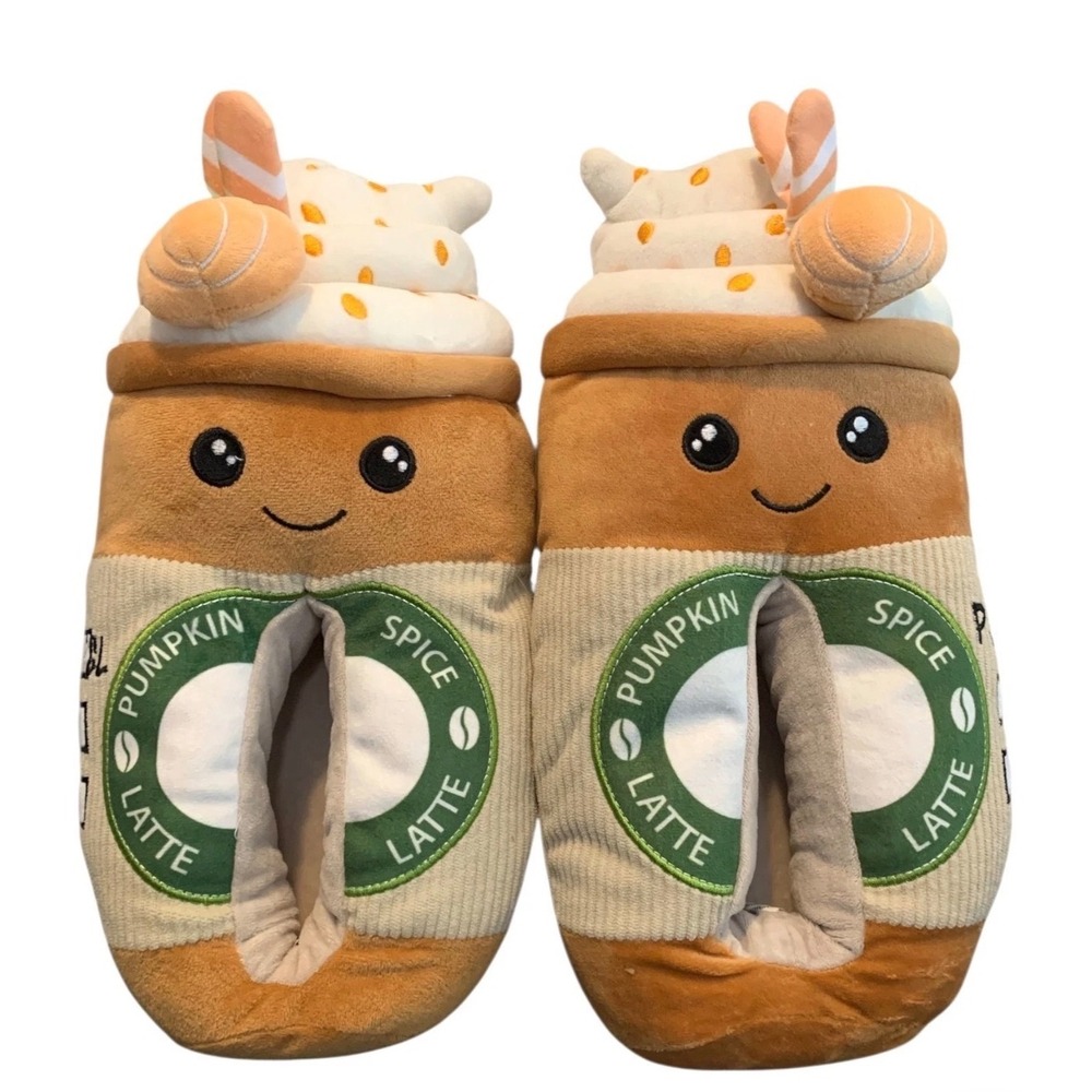Feetmoji Pumpkin Spice Latte Plush Slippers Womens 9-10 Coffee - Picture 2 of 7
